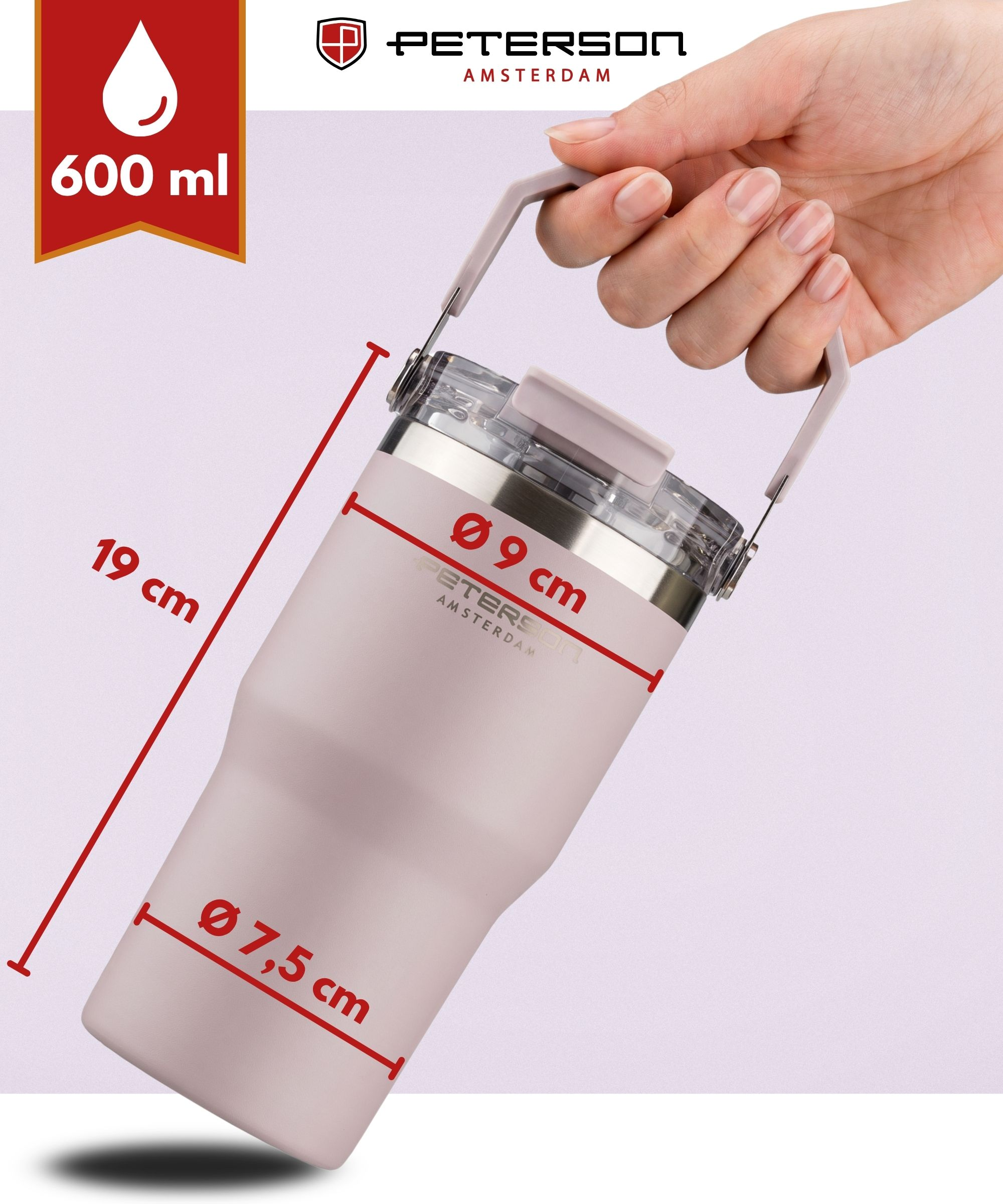 Ręka trzyma różową butelkę 600 ml z wymiarami. Wysokość 19 cm, średnica 9 cm, 7,5 cm.