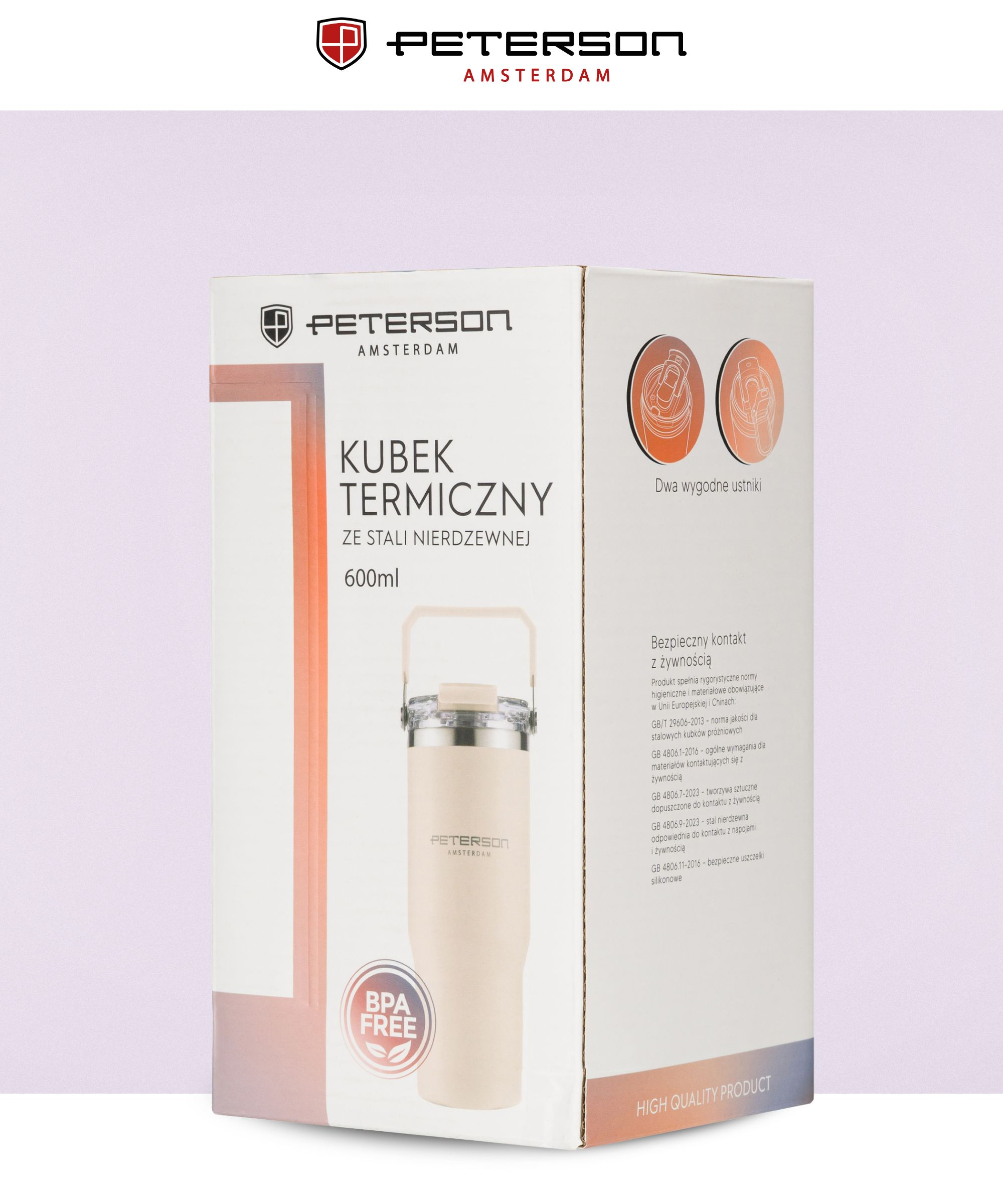 Beżowy kubek termiczny ze stali nierdzewnej z pieczęcią BPA-free i logo Peterson.