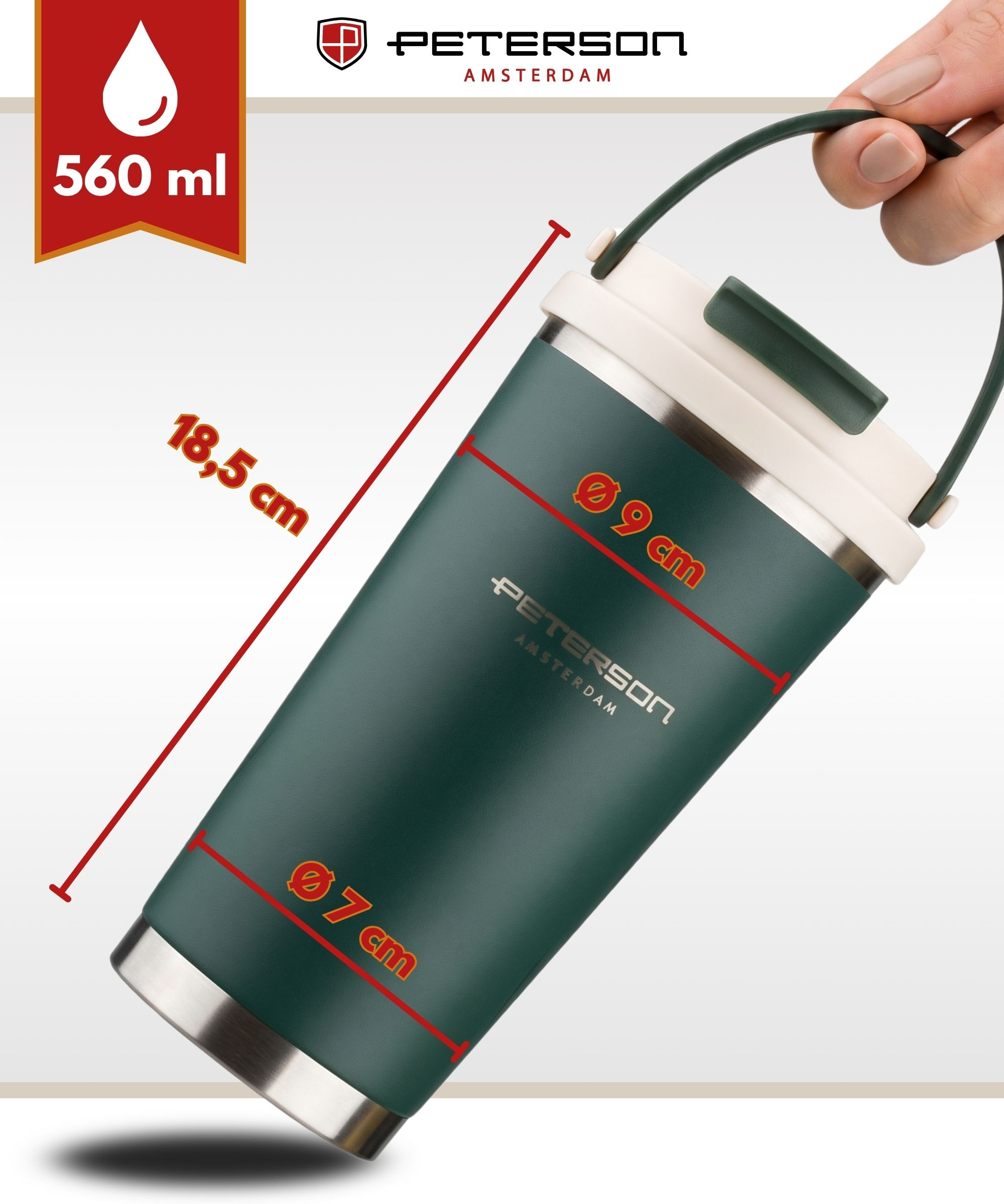 Ciemnozielony termos Peterson, 560 ml, wysokość 18,5 cm, średnica 9 cm i 7 cm.