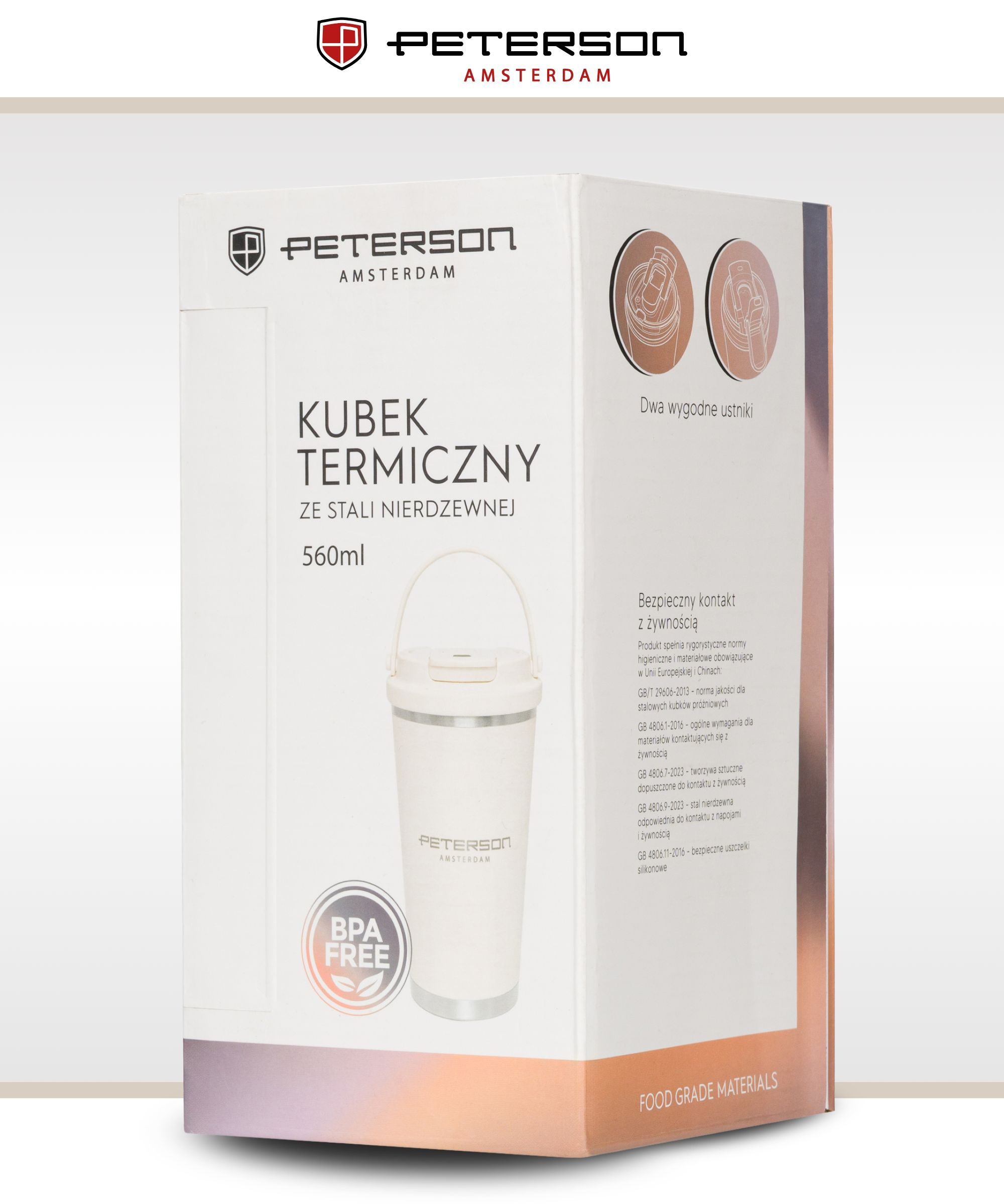 Biały kubek termiczny Peterson z uchwytem i znakiem BPA-free, 560ml.