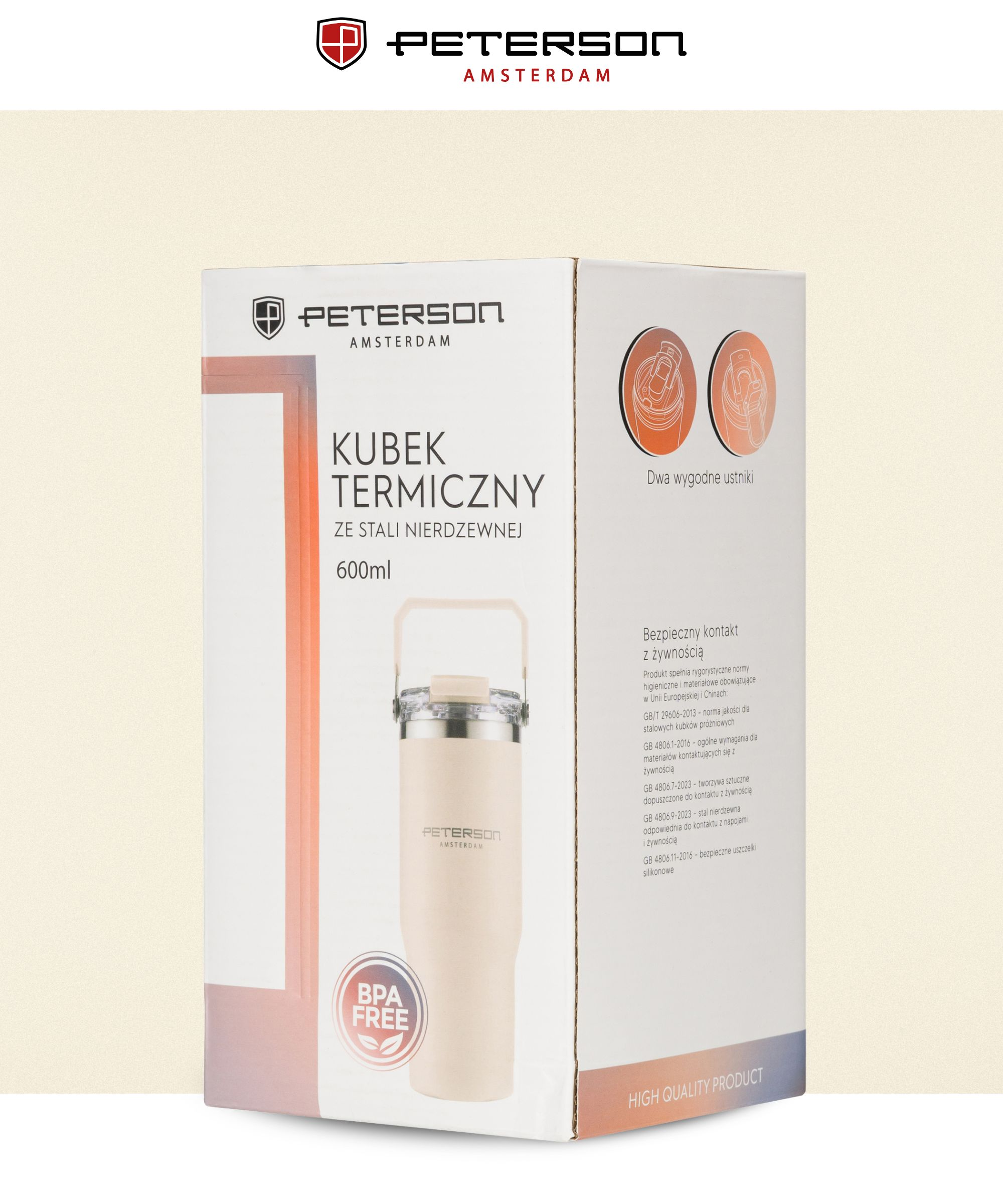 Opakowanie beżowego kubka termicznego z logo Peterson i uszczelką BPA-free.