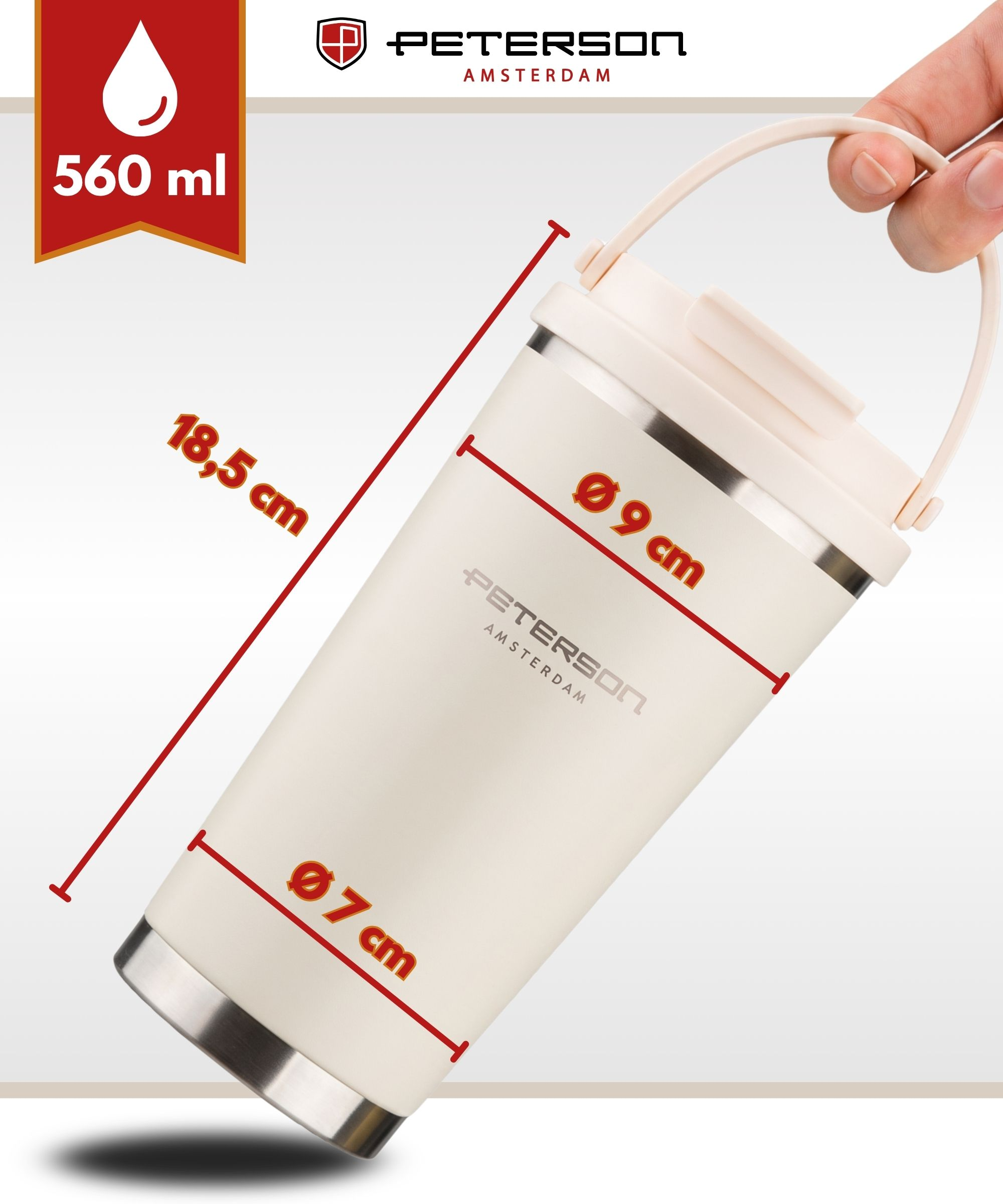 Biały termos Peterson z uchwytem, 560ml, 18,5cm wys., 9cm Ø, 7cm Ø.