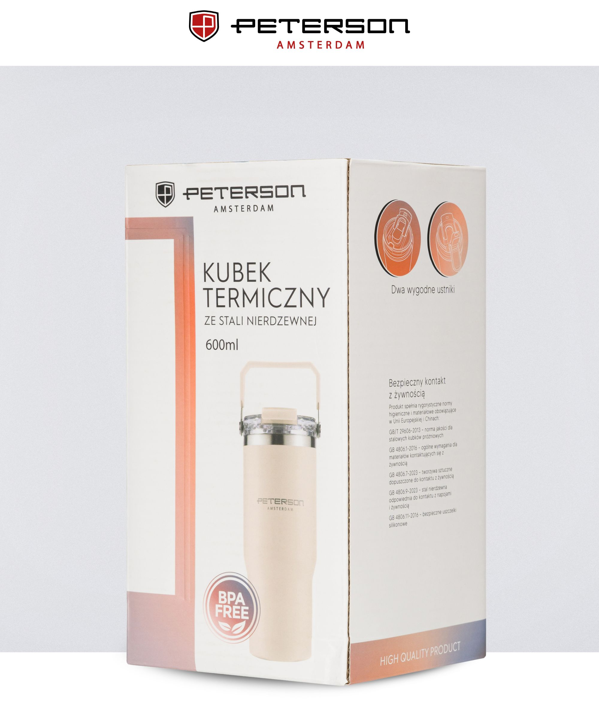 Białe pudełko z kremowym kubkiem termicznym, uchwytem i pieczęcią BPA-Free.
