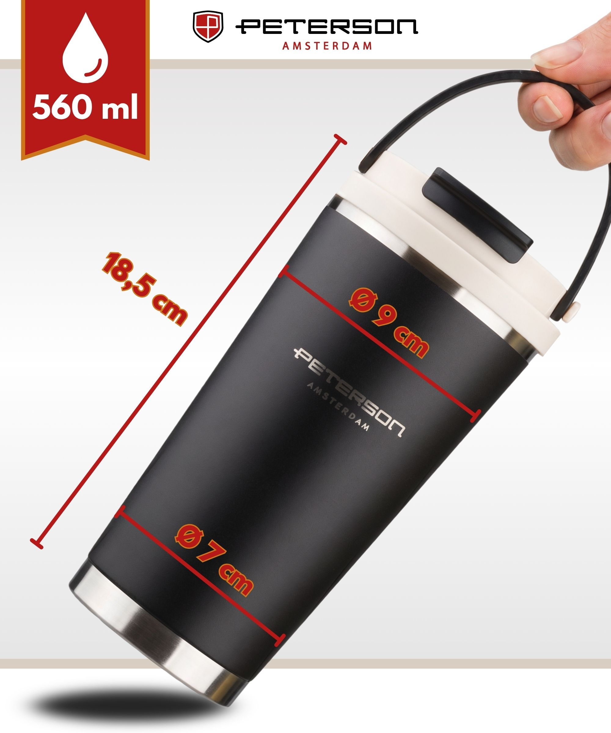 Czarny kubek Peterson (560ml) z uchwytem, 18,5cm W, 9cm/7cm Ø.