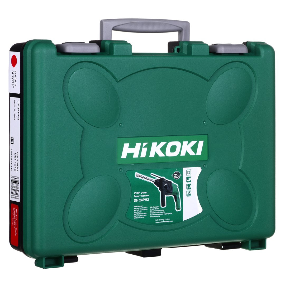 Grüner Koffer mit Hikoki-Logo und Abbildung eines Bohrhammers.