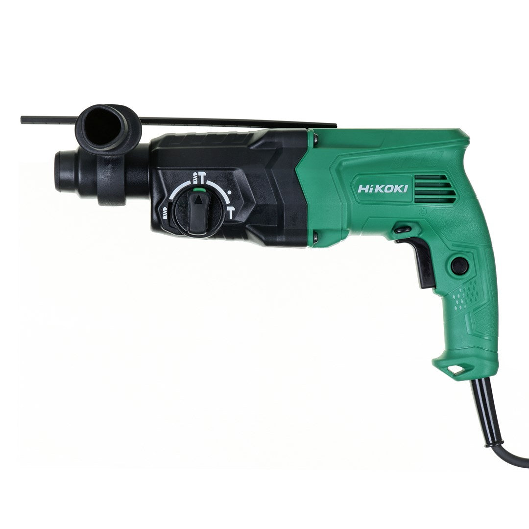 Grüner HiKOKI Bohrhammer mit schwarzem Griff und weißem Hintergrund.