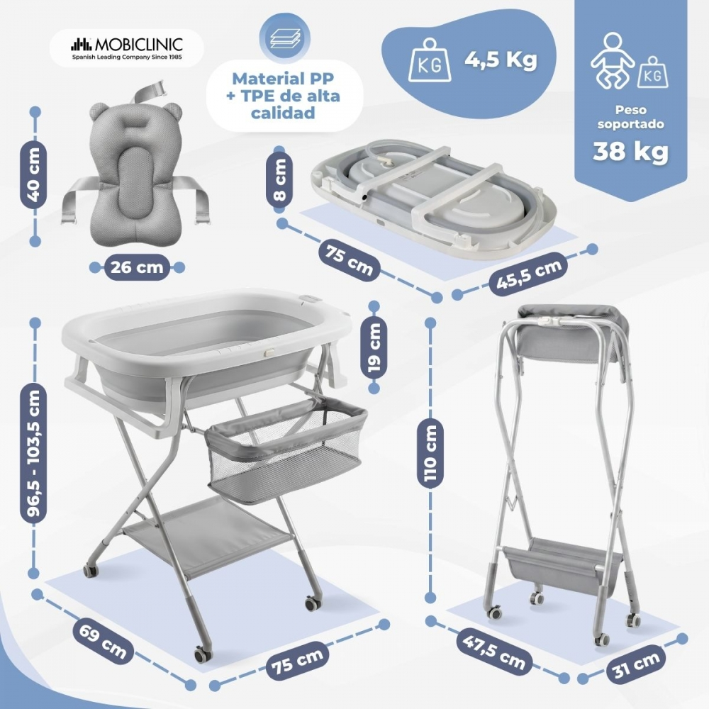 Un soporte plegable para bañera de bebé con accesorios y medidas.