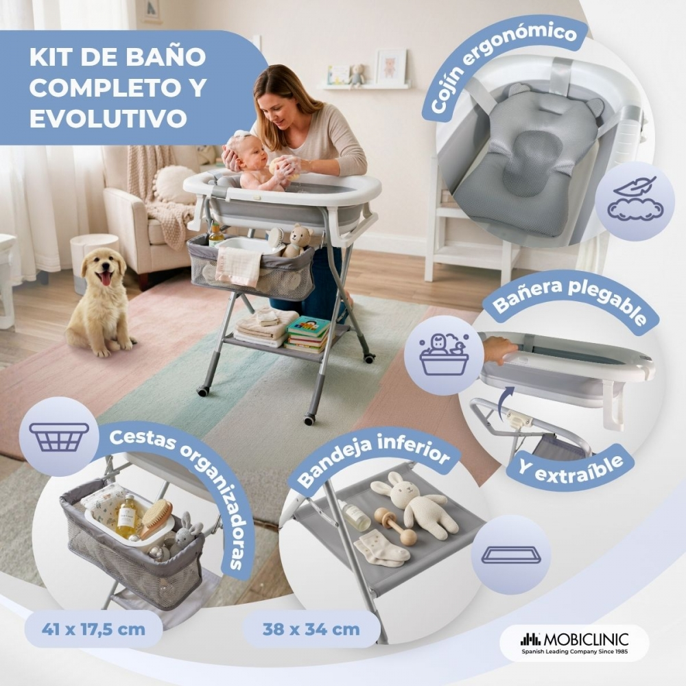 Trio de bañera para bebé: madre y bebé, perro, cestas, bandeja inferior, cojín.