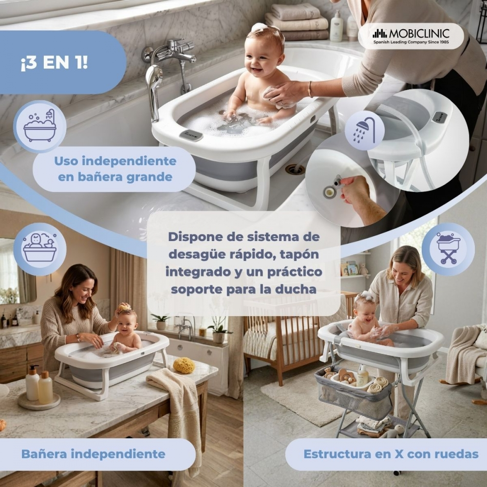 Un bebé se baña en una bañera plegable. Se muestran varios usos.