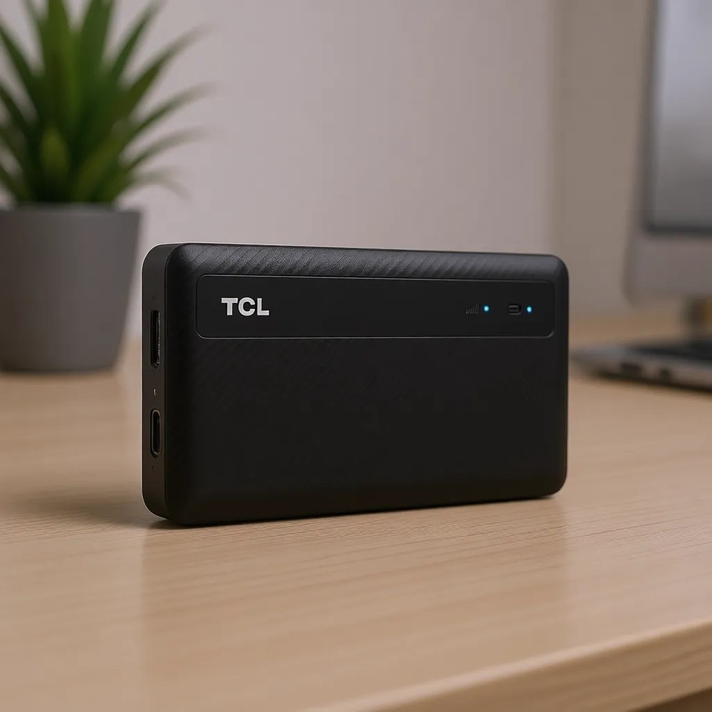 Ahşap masa üzerinde USB bağlantı noktalarına sahip siyah TCL cihazı.