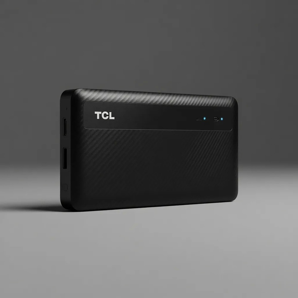 Karbon fiber dokulu, küçük mavi ışıklı siyah bir TCL cihazı.