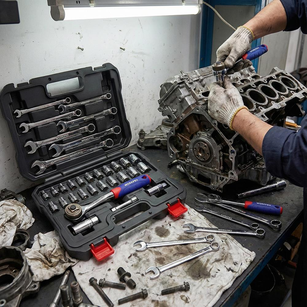 Eldivenli bir tamirci, aletler ve alet çantasıyla bir motor üzerinde çalışıyor.