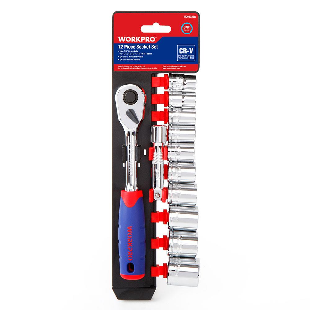 WORKPRO 12 parça lokma takımı, 3/8" mandallı kol, uzatma çubuğu ve lokmalar.