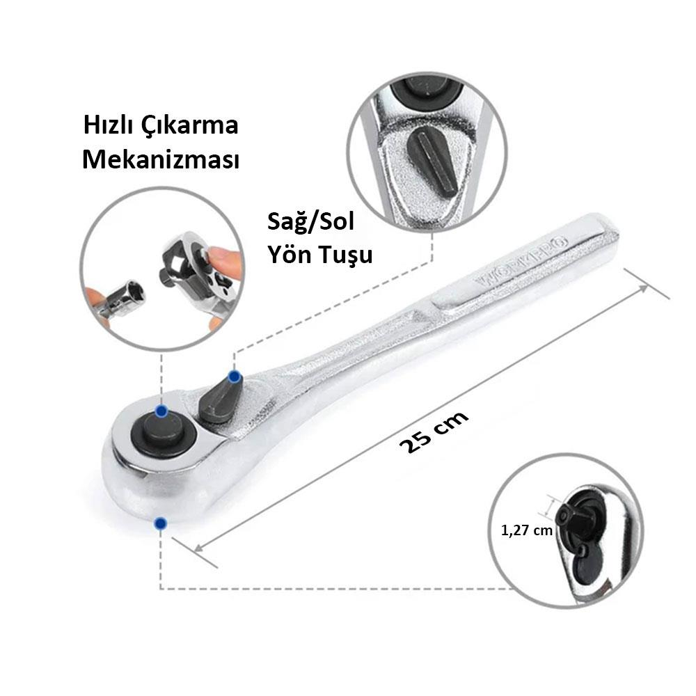 Hızlı çıkarma mekanizmalı ve yön düğmeli 25 cm'lik bir lokma anahtar.
