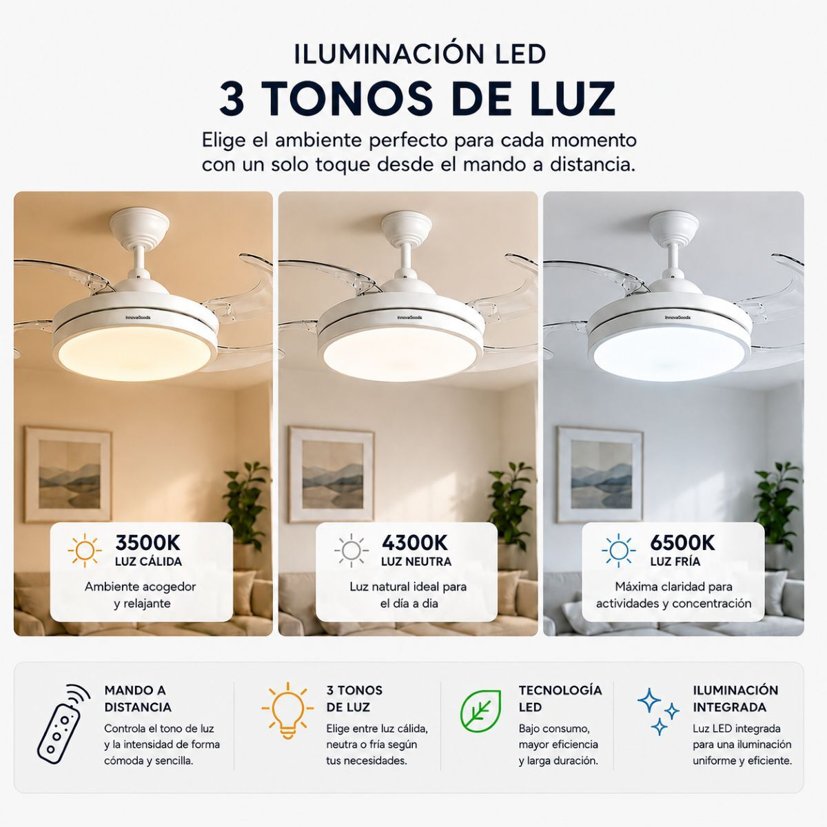 Ventilador de techo con luz LED en 3 tonos: cálido, neutro, frío.