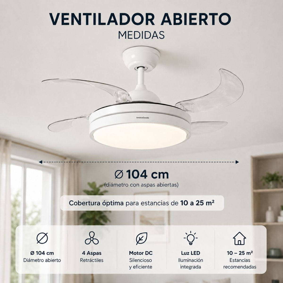 Un ventilador de techo blanco con aspas retráctiles y luz integrada, diámetro 104 cm.