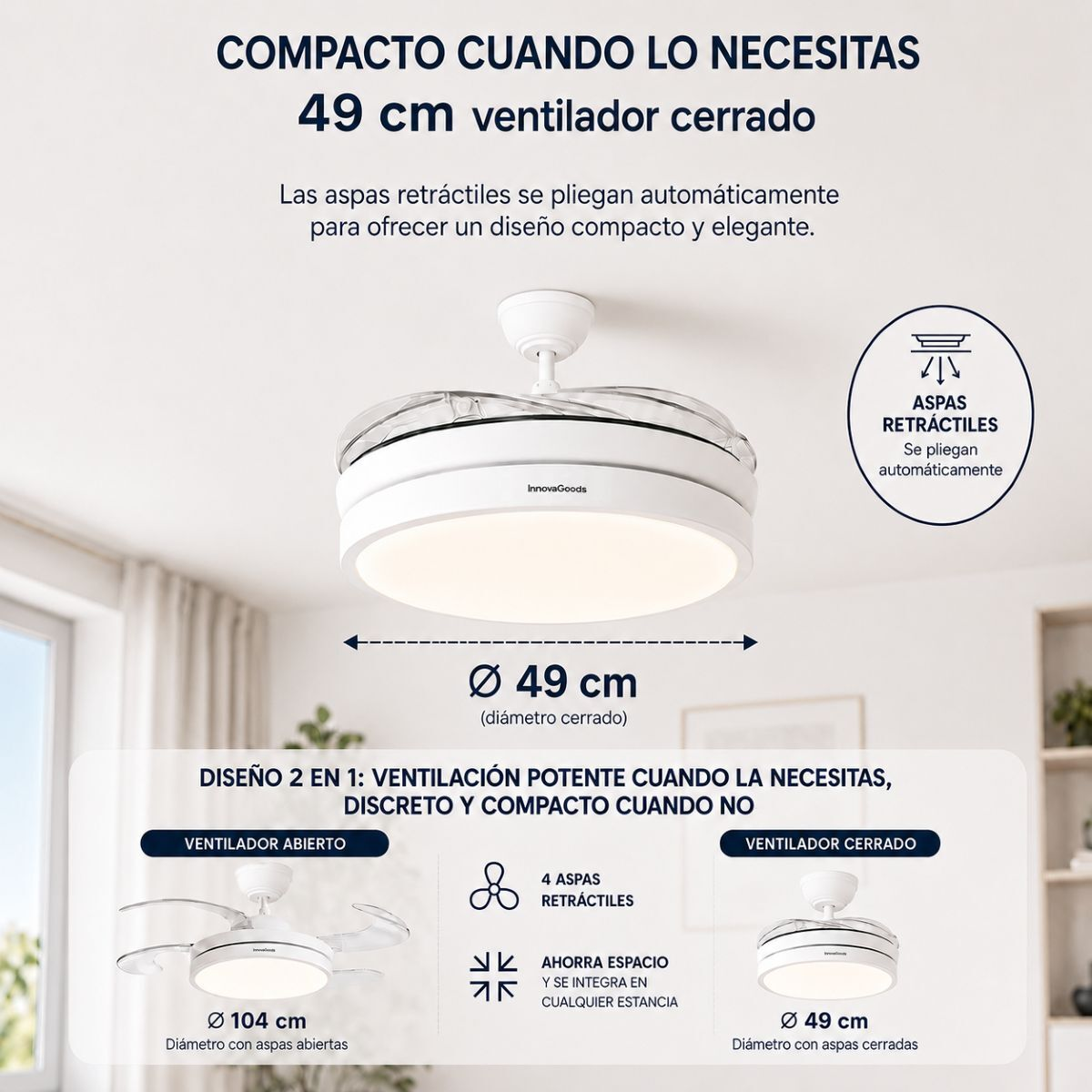 Un ventilador de techo blanco con aspas retráctiles en estado cerrado, 49 cm.