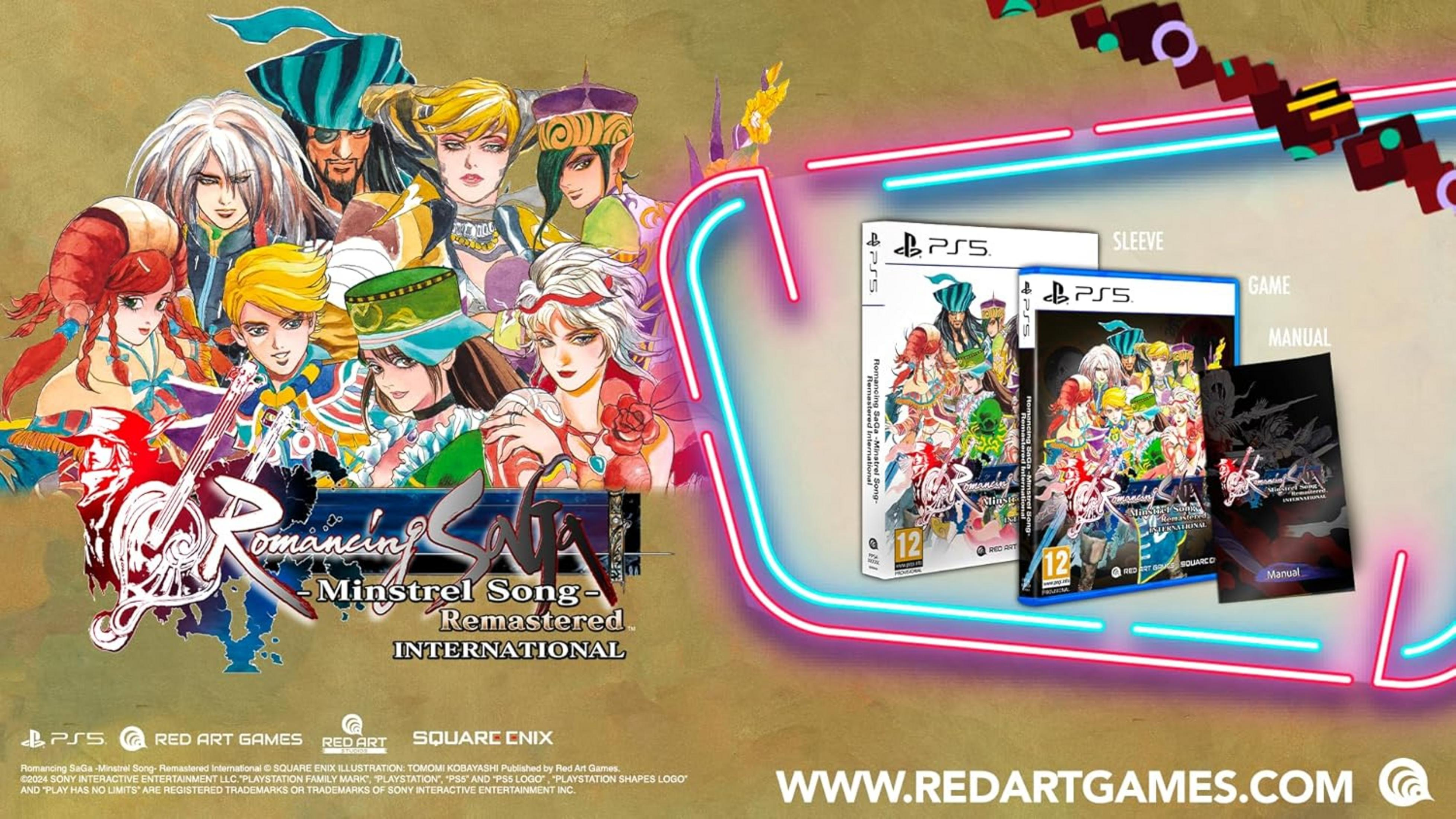 Postacie anime, pudełko gry PS5 i instrukcja do Romancing SaGa: Minstrel Song.