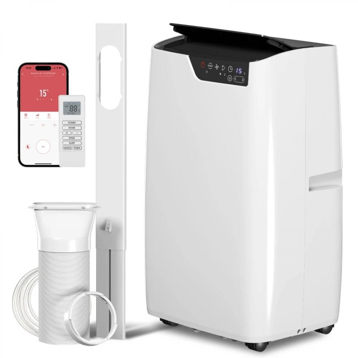 Weier tragbarer Klimaanlage mit Fernbedienung, Schlauch und Fensterkit.