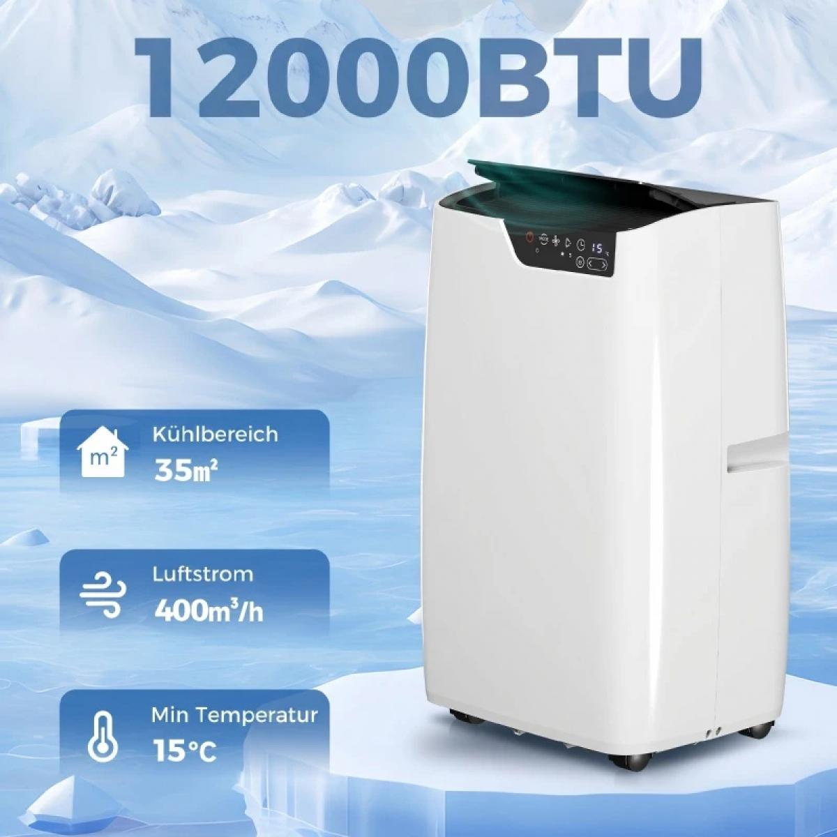 Ein weißer mobiler Klimaanlage mit 12000 BTU, Kühlbereich 35m², Luftstrom 400m³/h, Min. Temp. 15°C.