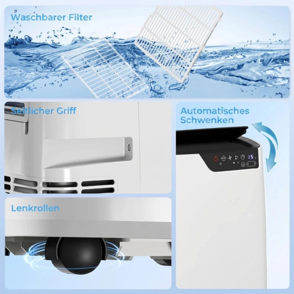 Collage zeigt einen waschbaren Filter in Wasser, einen seitlichen Griff, Lenkrollen und automatische Schwenkfunktion.