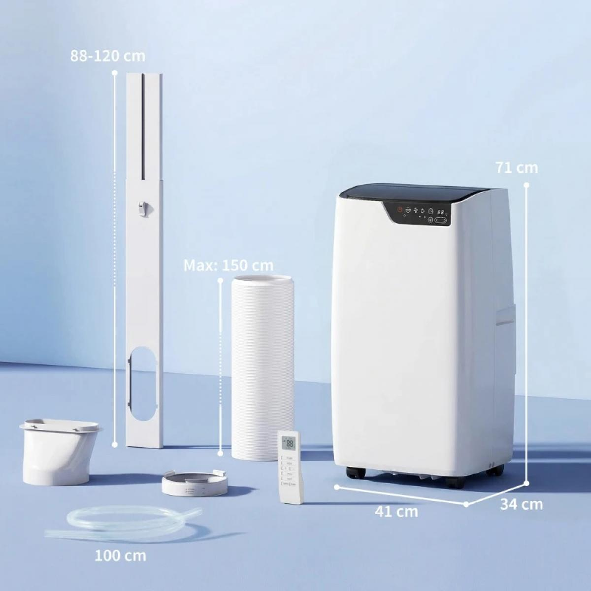 Weißer tragbarer Klimaanlage mit Zubehör: Schlauch, Fensterkit, Fernbedienung. Maße beschriftet.