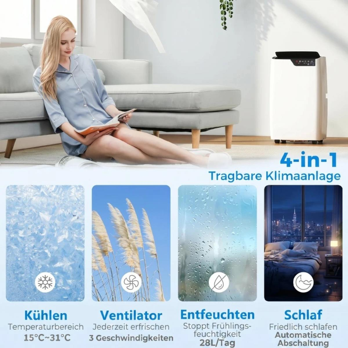 Frau liest auf Sofa, 4-in-1 Klimaanlage mit Kühl-, Ventilator-, Entfeuchter-, Schlafmodus.