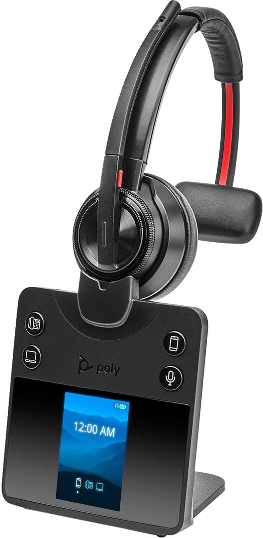 Un auricolare nero con striscia rossa poggia su una base nera con touchscreen.