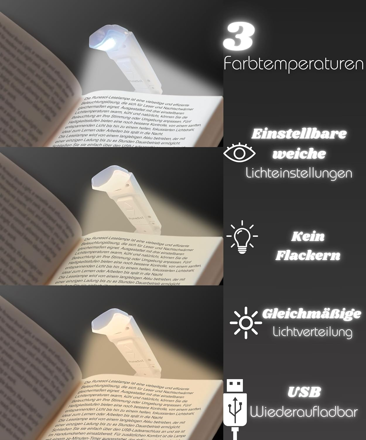Eine LED-Leselampe mit 3 Farbtemperaturen, einstellbarer Helligkeit, kein Flackern, USB-aufladbar.
