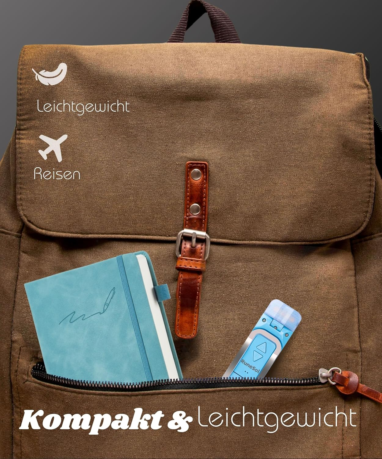 Brauner Rucksack mit Notizbuch und blauem Gerät in der Tasche.
