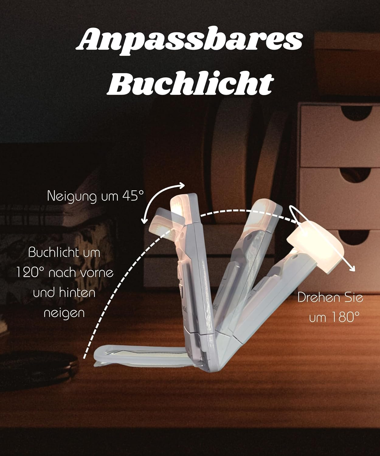 Eine weiße, verstellbare Buchlampe ist auf einer Holzoberfläche abgebildet und zeigt ihre flexiblen Winkel.