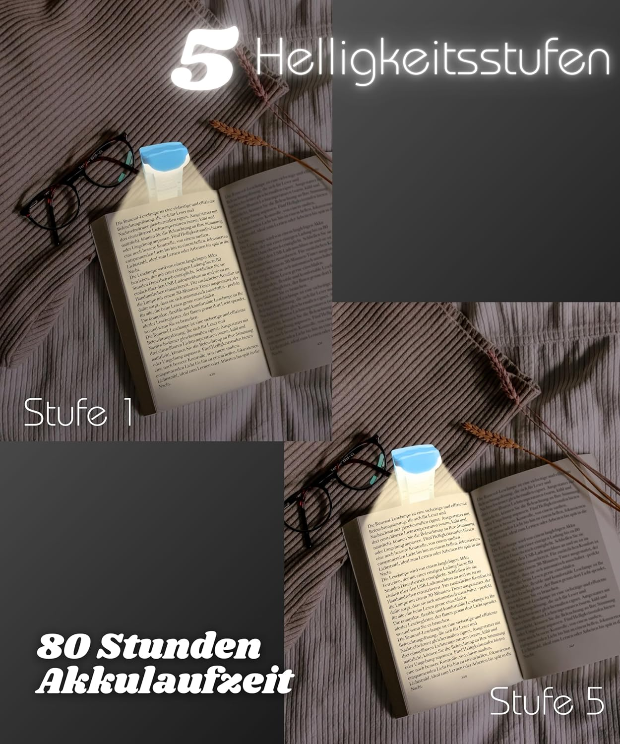 Ein Buch mit Leseleuchte und Brille, 5 Helligkeitsstufen.