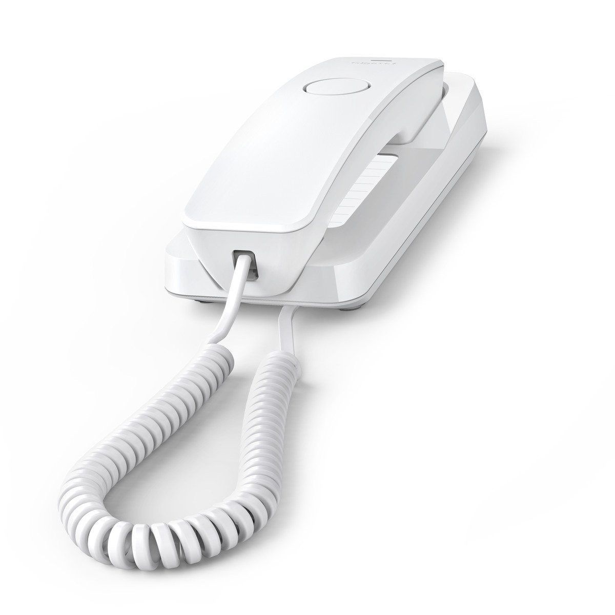 Ein weißes Schnurtelefon mit einem Hörer, der auf der Basis liegt.