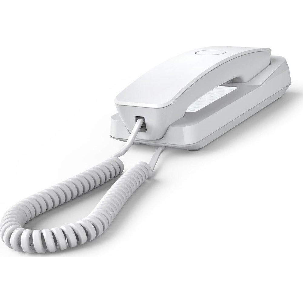 Ein weißes Schnurtelefon mit einem gewickelten Hörer- und einem geraden Kabel.