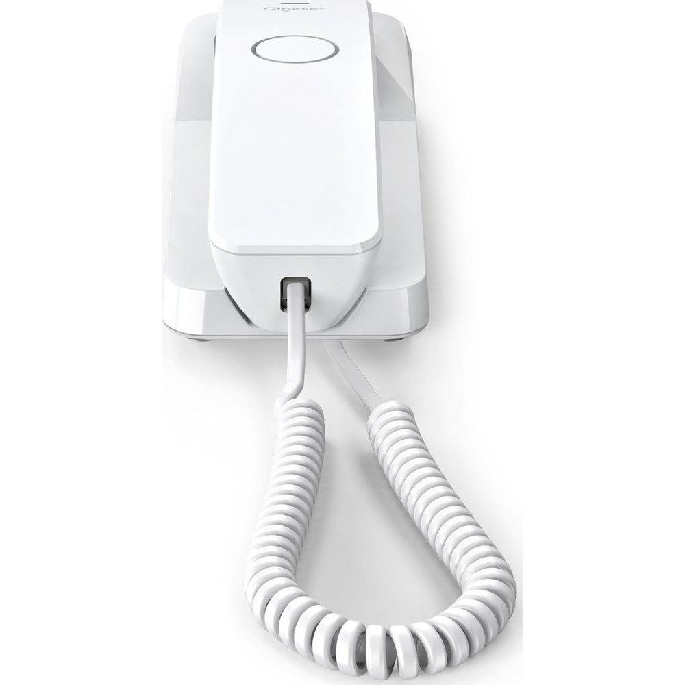 Ein weißes Schnurtelefon mit einem ovalen Knopf auf der Oberseite.