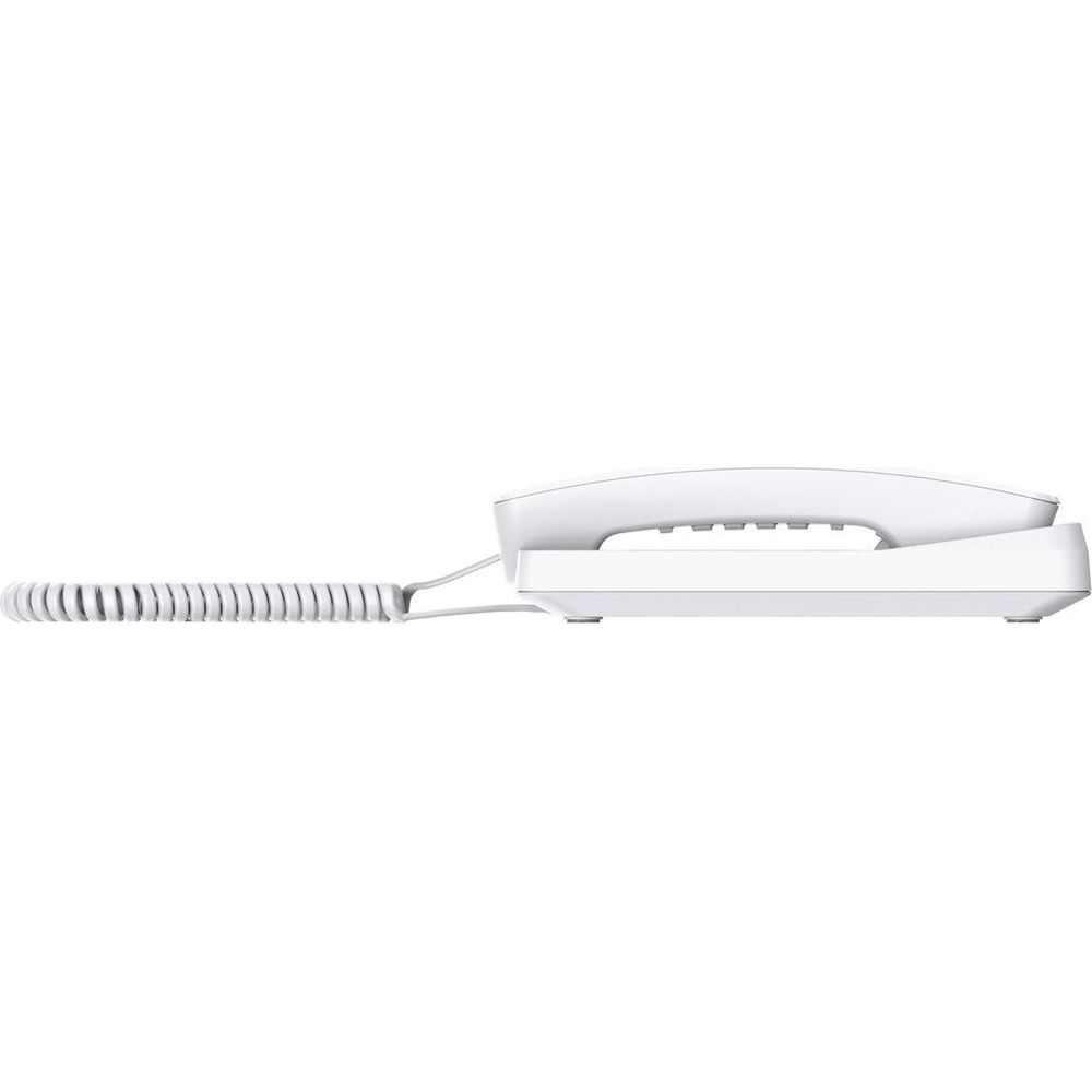 Ein weißes Telefon mit einem geschwungenen Hörer und einem gewickelten Kabel.