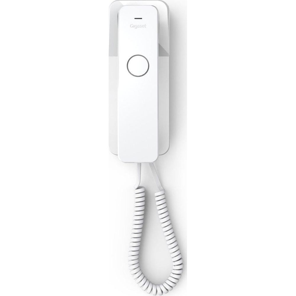 Ein weißes Gigaset-Haustelefon mit einem Hörer und einem Ring-Symbol.