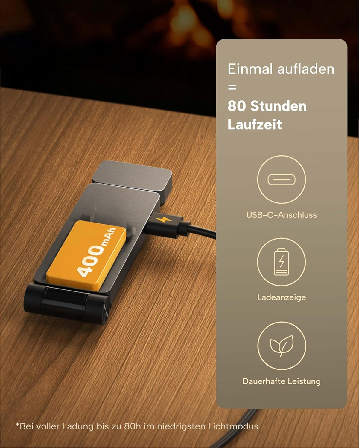 Ein tragbares Ladegerät mit 400mAh Akku, USB-C, Ladeanzeige und 80 Stunden Laufzeit.