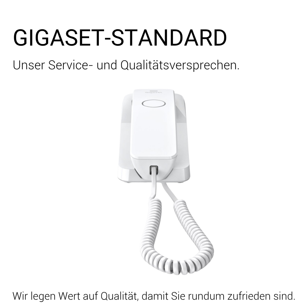 Ein weißes Gigaset-Telefon mit einem Spiralkabel liegt auf einem weißen Hintergrund.