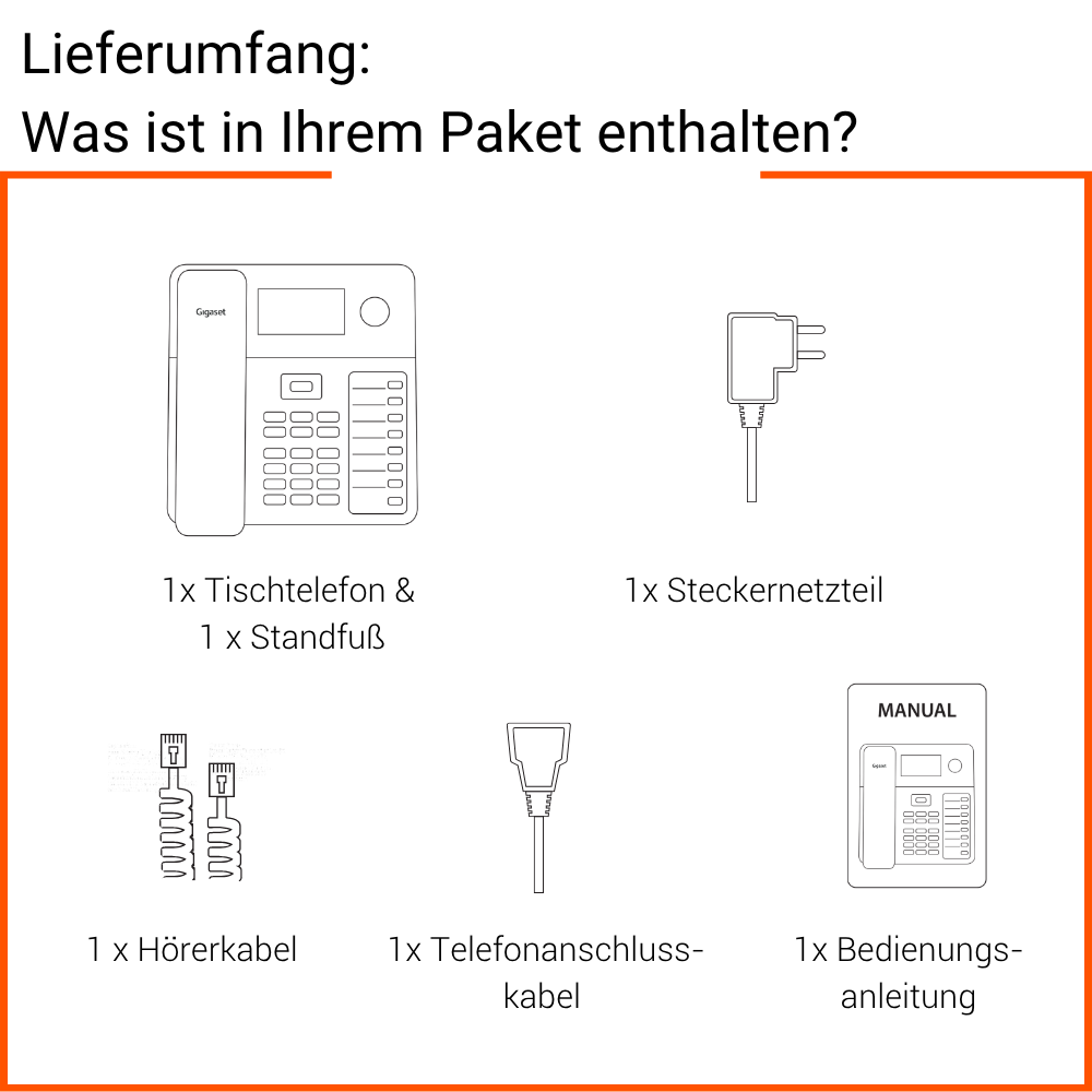 Lieferumfang: 1x Telefon, 1x Ständer, 1x Netzteil, 1x Hörer, 1x Leitung, 1x Handbuch.