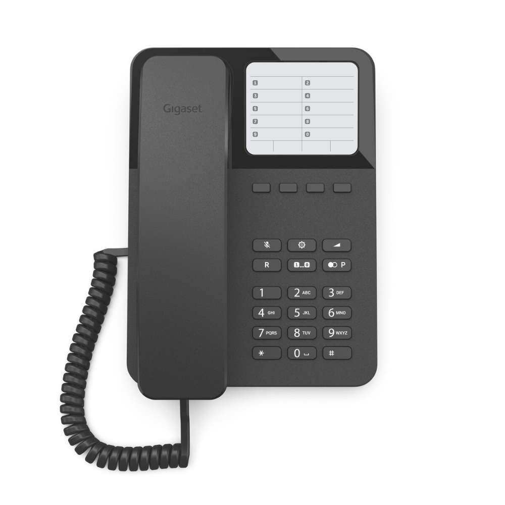 Ein schwarzes Gigaset-Telefon mit Hörer und Tastatur liegt auf weißem Grund.