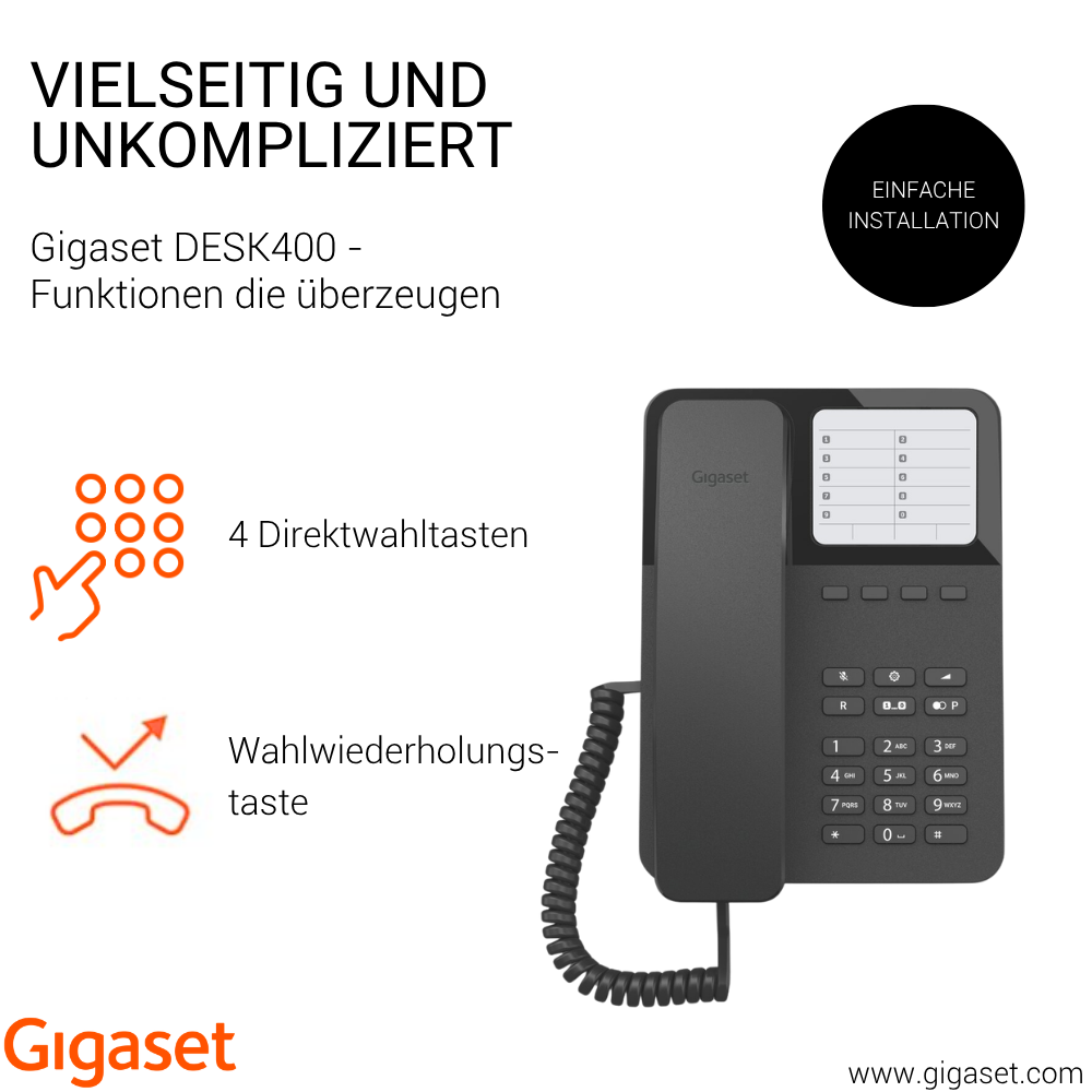 Schwarzes Gigaset DESK400 Festnetztelefon mit Tastenfeld, Display und Hörer.
