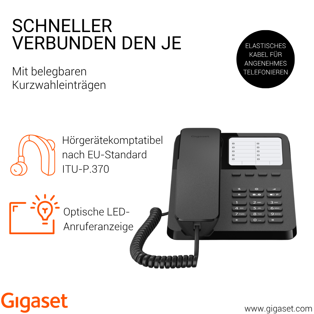Ein schwarzes Gigaset-Telefon mit orangefarbenen Icons für Hörgerätekompatibilität und Anruferanzeige.