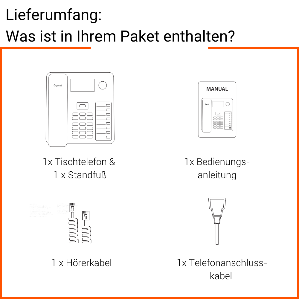 Lieferumfang: 1 Tischtelefon, 1 Standfuß, 1 Anleitung, 1 Hörerkabel, 1 Anschlusskabel.