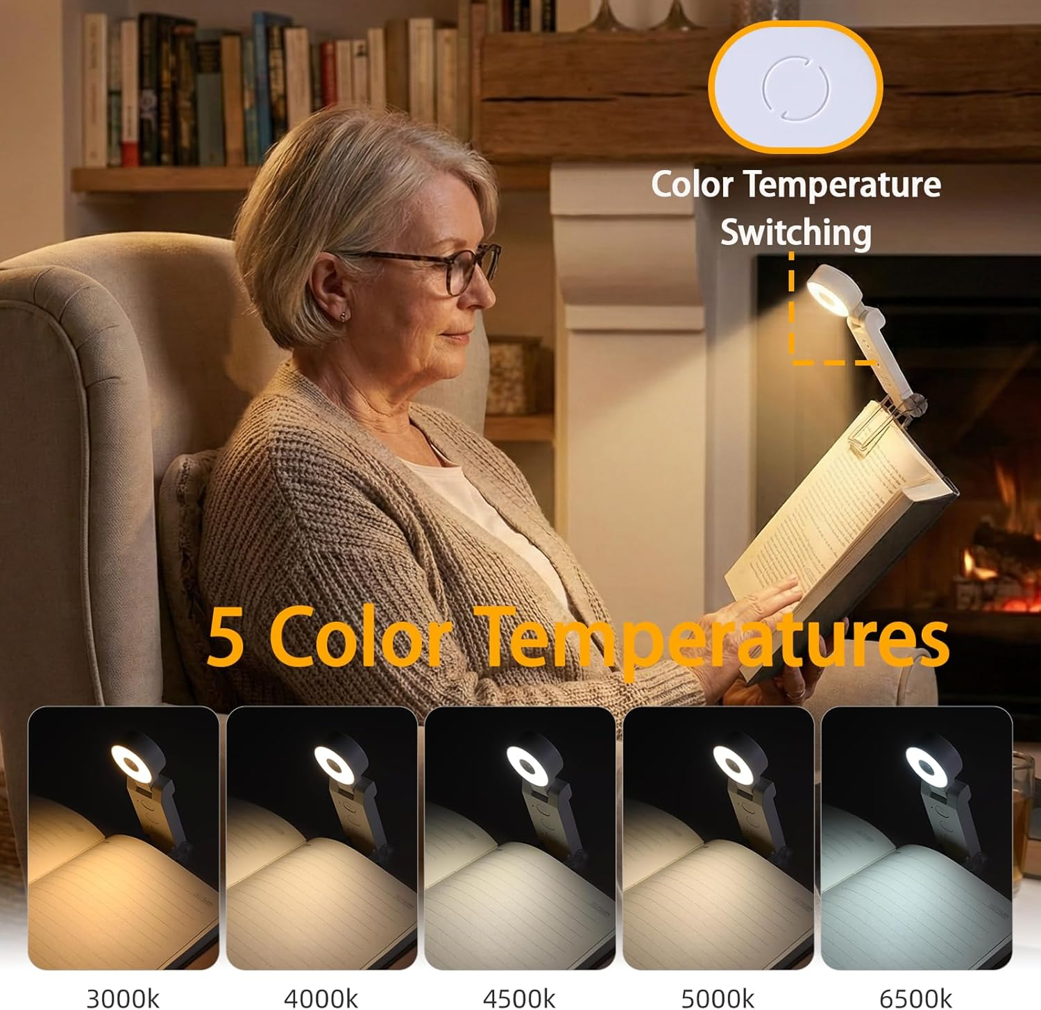 Frau liest am Kamin, Clip-on-Licht zeigt 5 Farbtemperaturen.