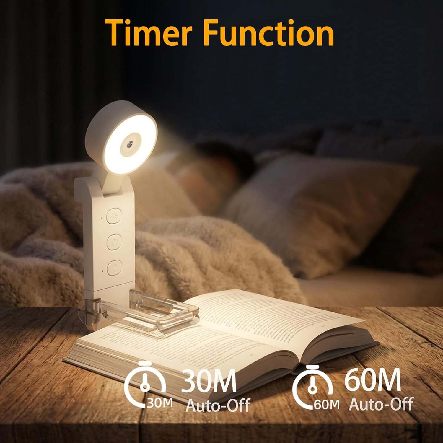 Eine weiße LED-Lampe mit Timerfunktion leuchtet auf ein offenes Buch.