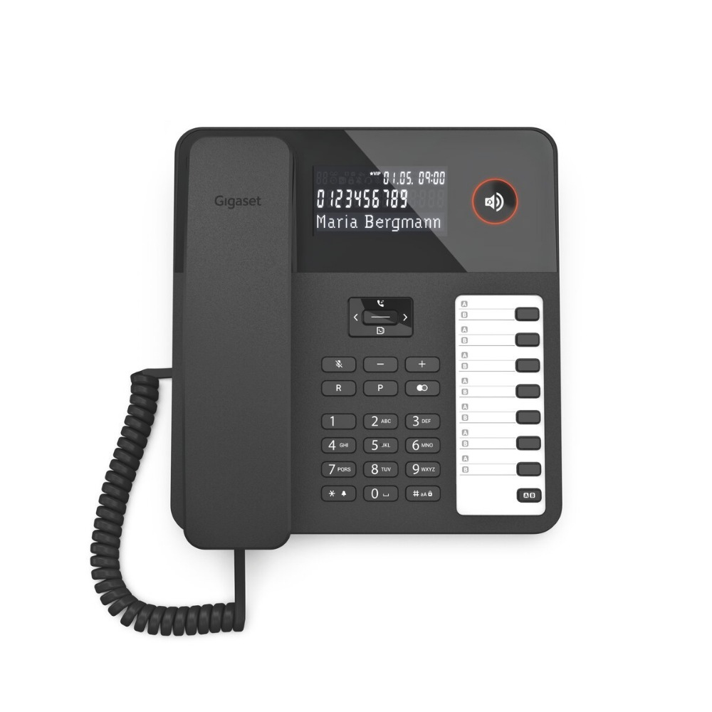 Ein schwarzes Gigaset-Telefon mit Zifferntastatur und Display. Der Hörer ist angeschlossen.