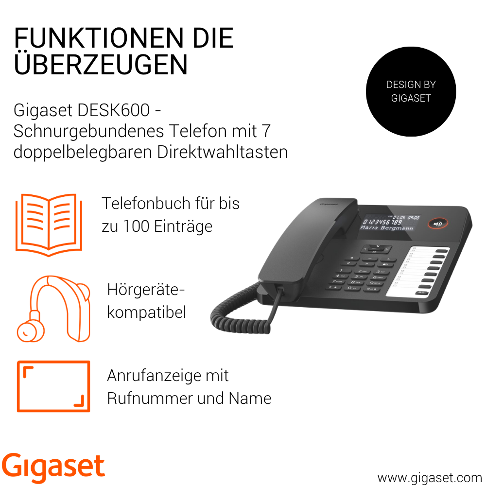 Gigaset DESK600: Schnurgebundenes Telefon mit Telefonbuch, Hörgerätekompatibilität.