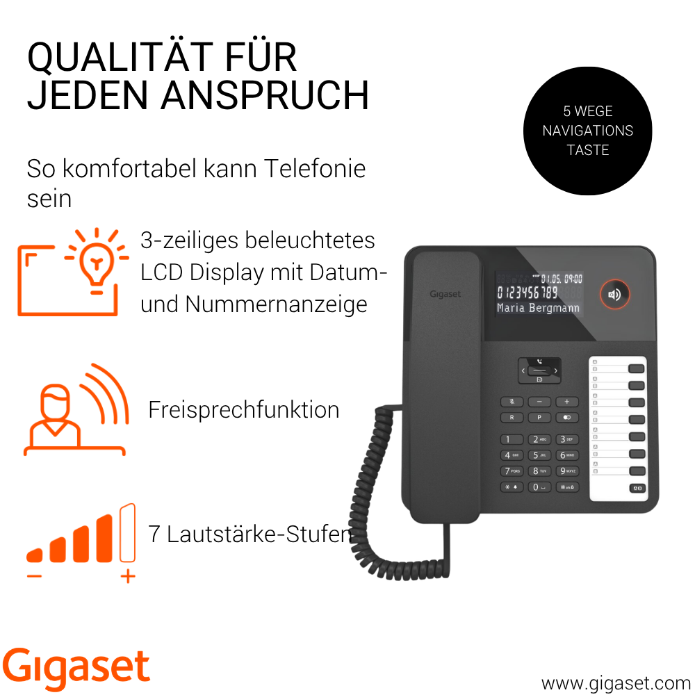 Gigaset Telefon mit beleuchtetem Display, Freisprechfunktion und Lautstärkeregelung.