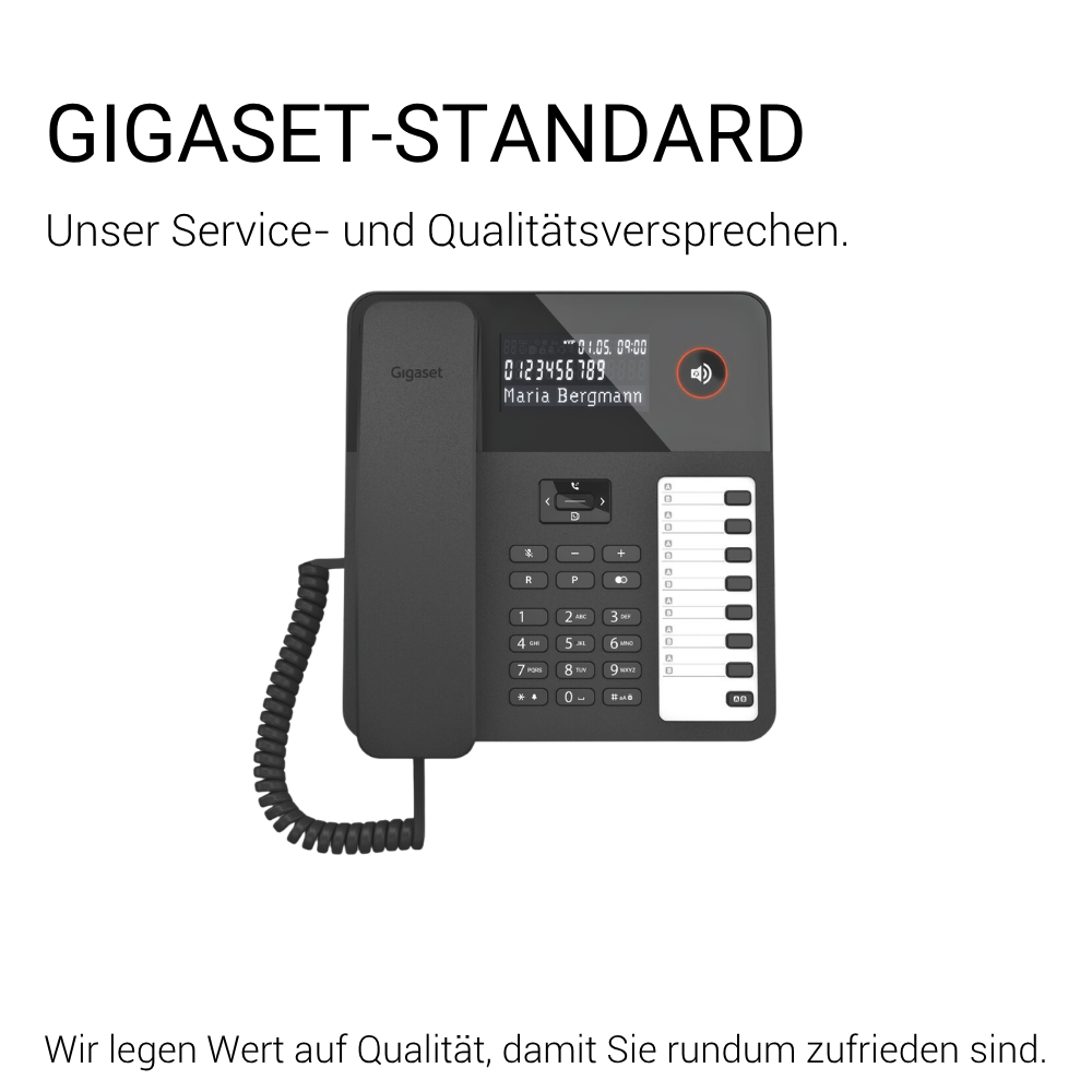 Ein schwarzes Gigaset-Telefon mit Display und Tastatur.